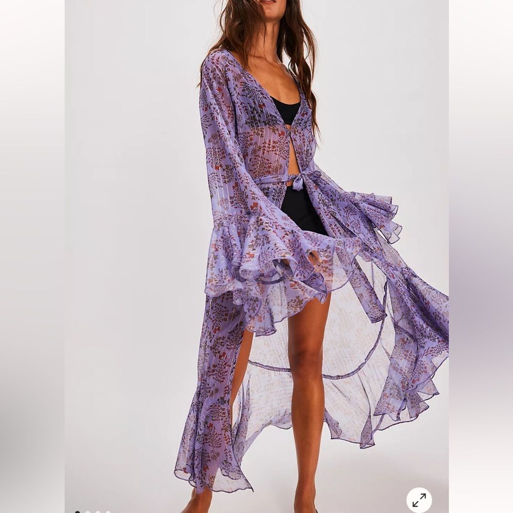 Lavender Floral Sheer Tie-Waist Kimono Tunic - Picture 4 of 15